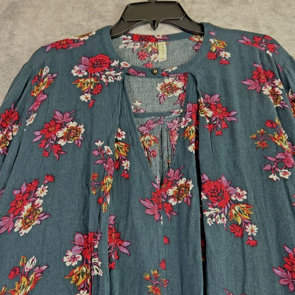 Free People Dress Women's Small Retro Floral Teal Swing Tunic Cottage Western‎